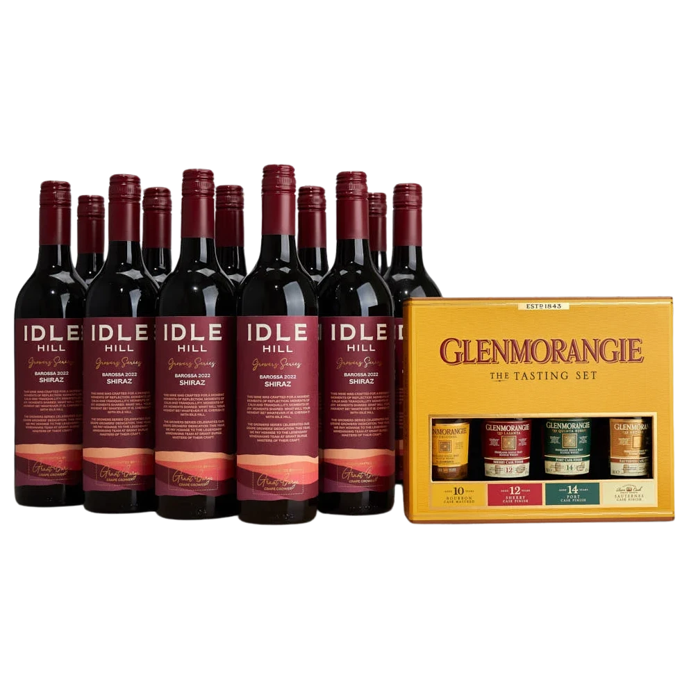 A collection of 2022 Idle Hill Growers Series Shiraz Dozen + Bonus Glenmorangie 4 Bottle Taster Pack from The Wine Collective